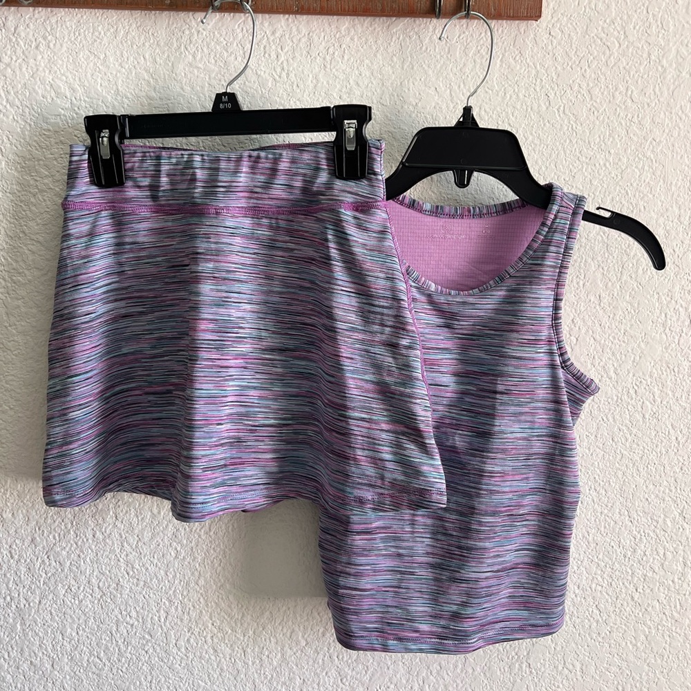 Kids Striped Athletic Tank Top and Skirt Set - Purple and Pink